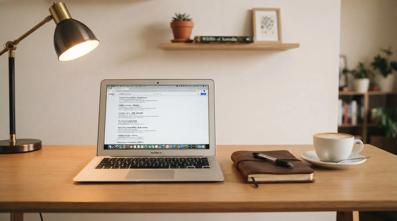 A tidy desk with a laptop open on a plain search-results page, a notebook and a coffee cup beside it, no screens showing any casino branding.
