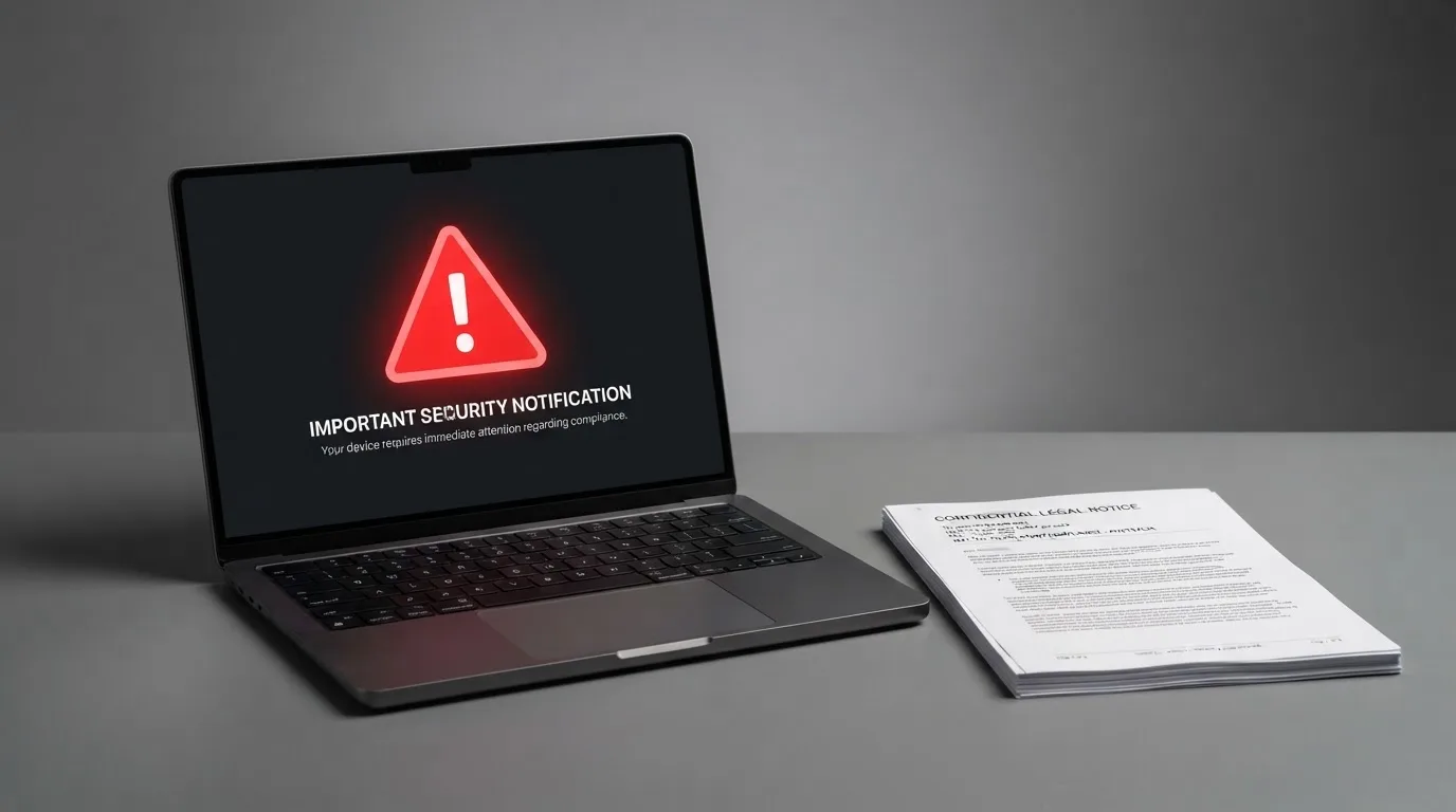 A red triangular warning sign icon on a laptop screen next to a stack of legal papers, symbolising an official caution rather than any specific website.