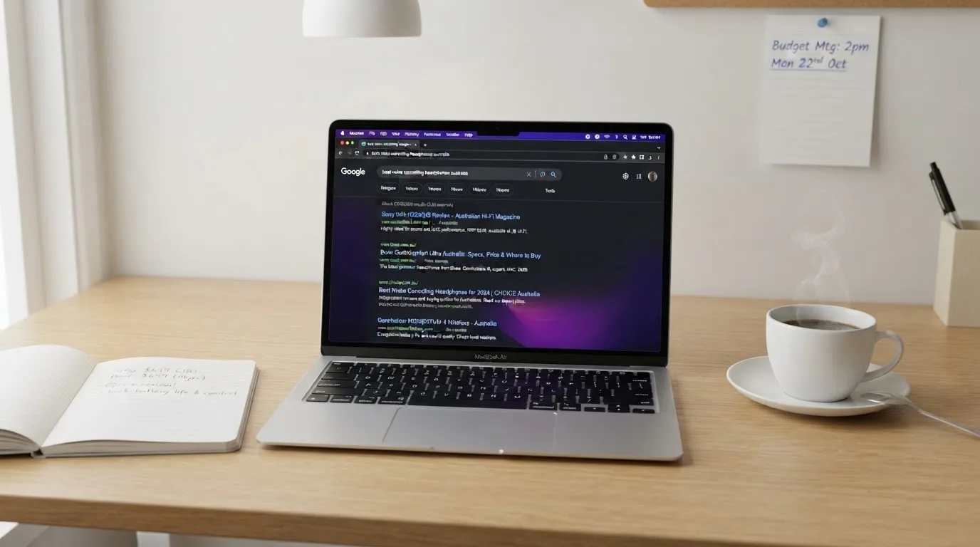 A tidy desk with a laptop open on a plain search-results page, a notebook and a coffee cup beside it, no screens showing any casino branding.