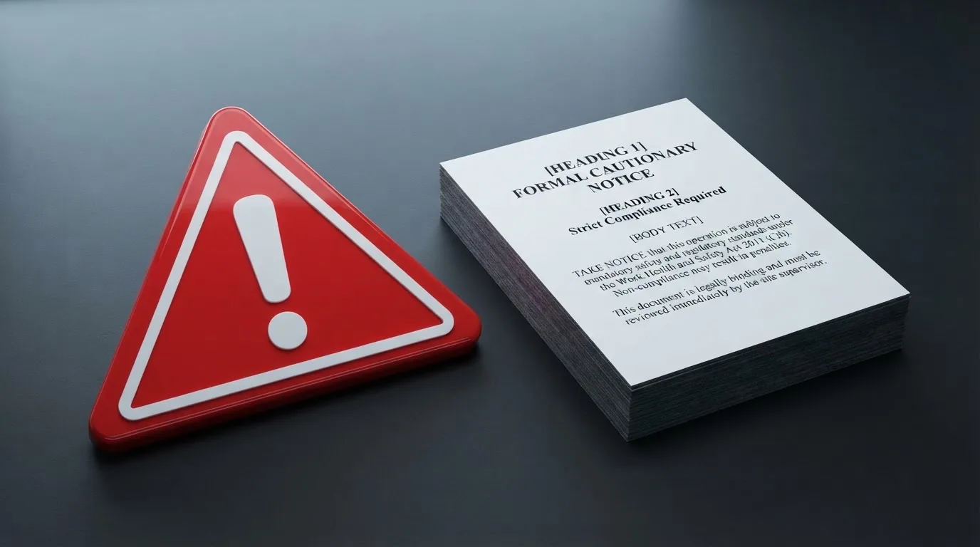 A red triangular warning sign icon on a laptop screen next to a stack of legal papers, symbolising an official caution rather than any specific website.