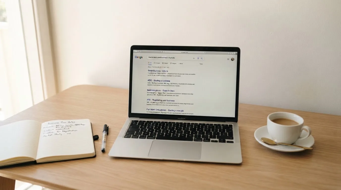 A tidy desk with a laptop open on a plain search-results page, a notebook and a coffee cup beside it, no screens showing any casino branding.