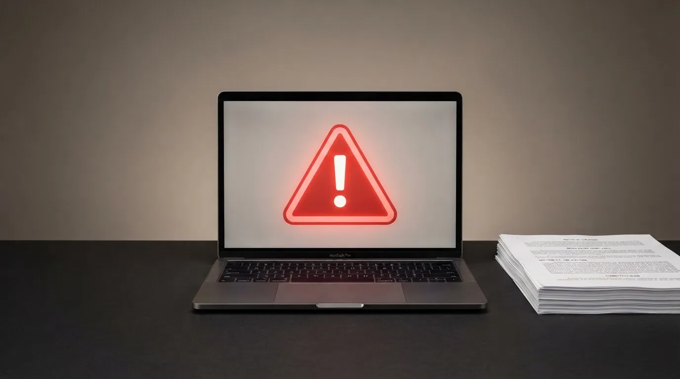 A red triangular warning sign icon on a laptop screen next to a stack of legal papers, symbolising an official caution rather than any specific website.