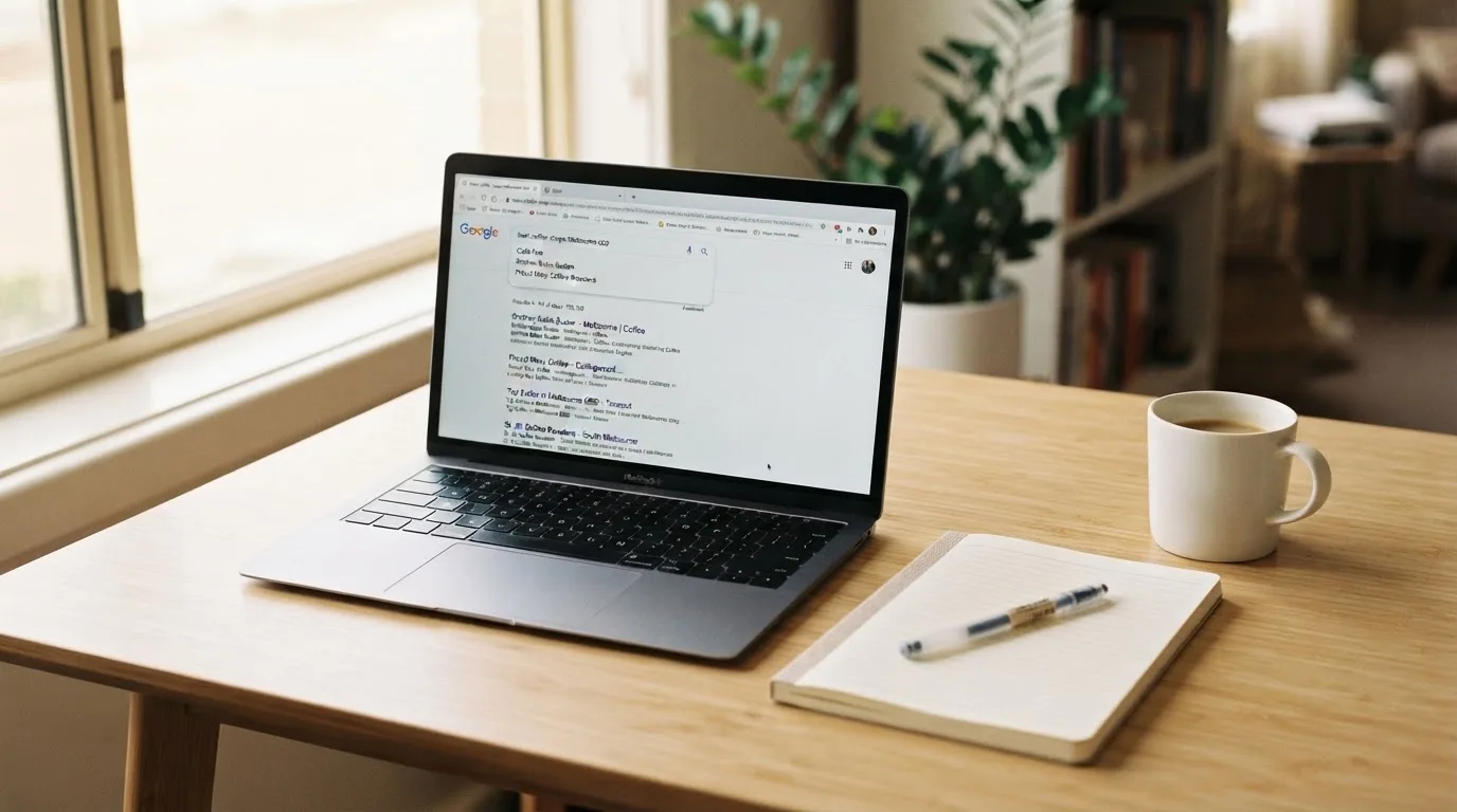 A tidy desk with a laptop open on a plain search-results page, a notebook and a coffee cup beside it, no screens showing any casino branding.