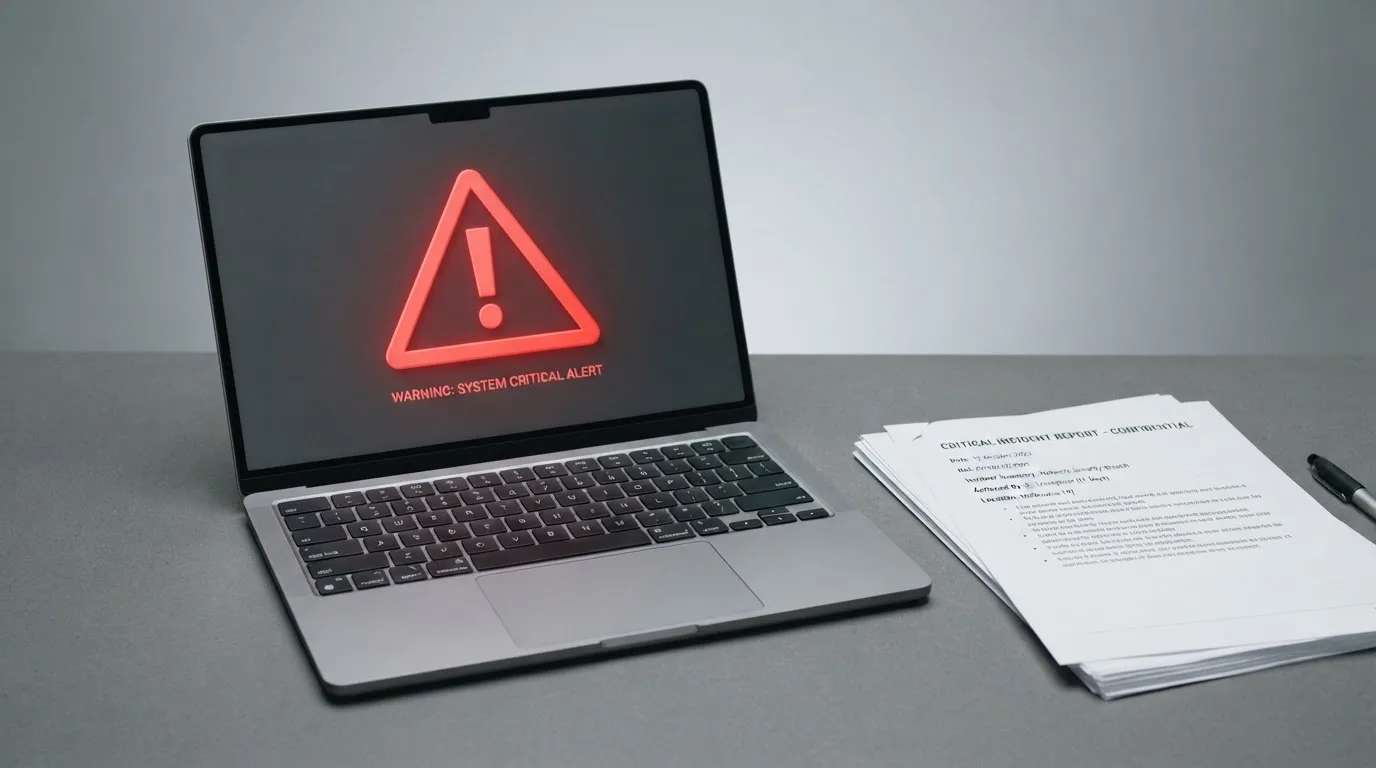 A red triangular warning sign icon on a laptop screen next to a stack of legal papers, symbolising an official caution rather than any specific website.