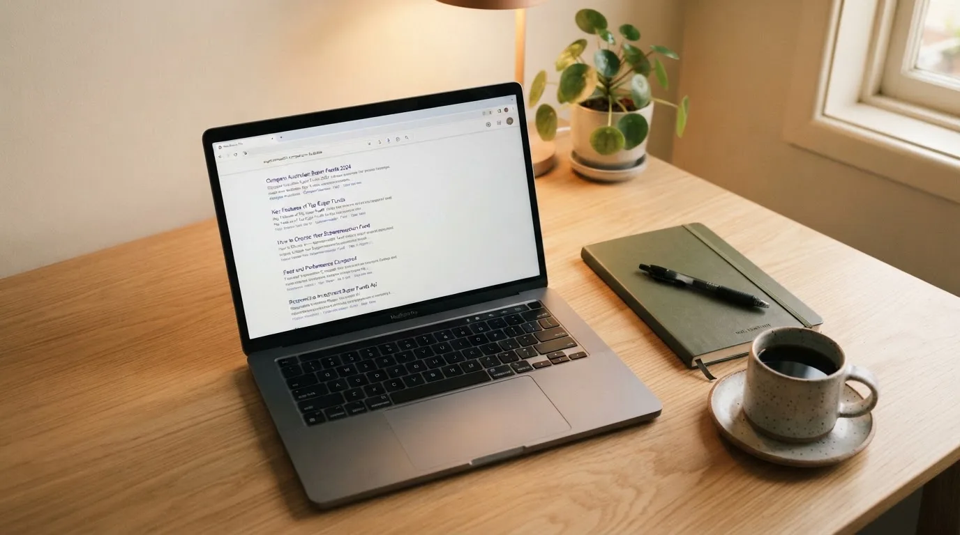 A tidy desk with a laptop open on a plain search-results page, a notebook and a coffee cup beside it, no screens showing any casino branding.