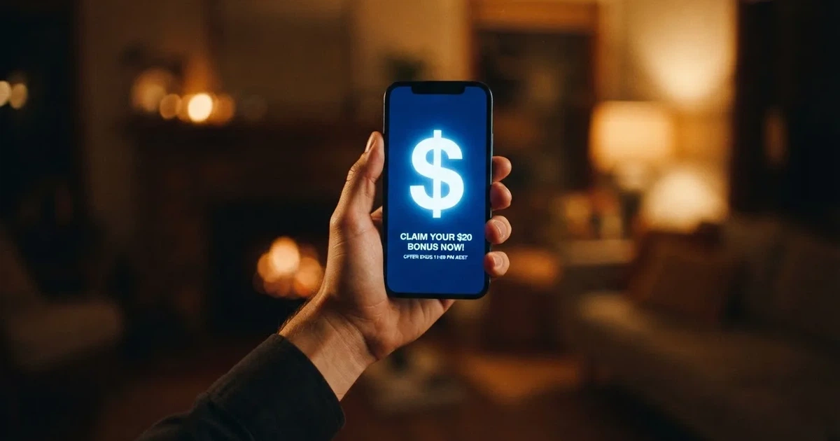 A gift box icon glowing on a phone screen, held at arm's length, suggesting an unopened offer rather than an active game.