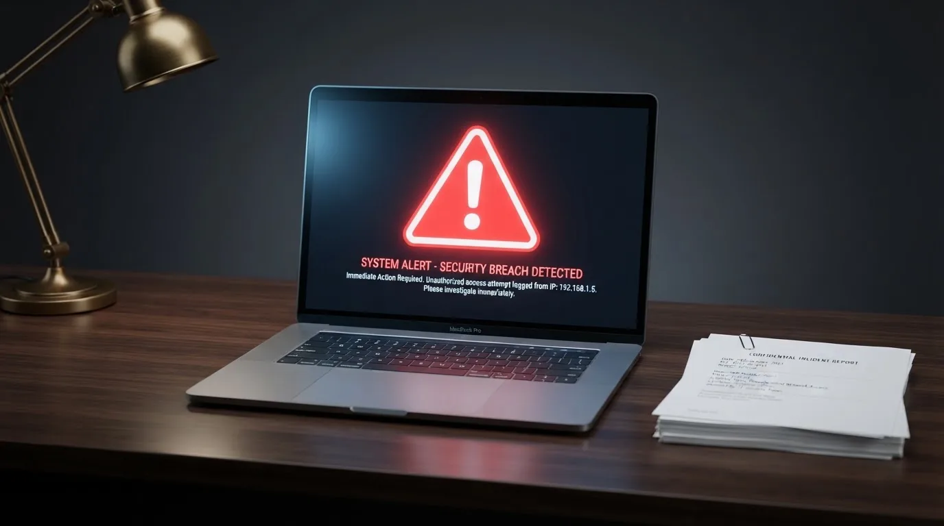A red triangular warning sign icon on a laptop screen next to a stack of legal papers, symbolising an official caution rather than any specific website.