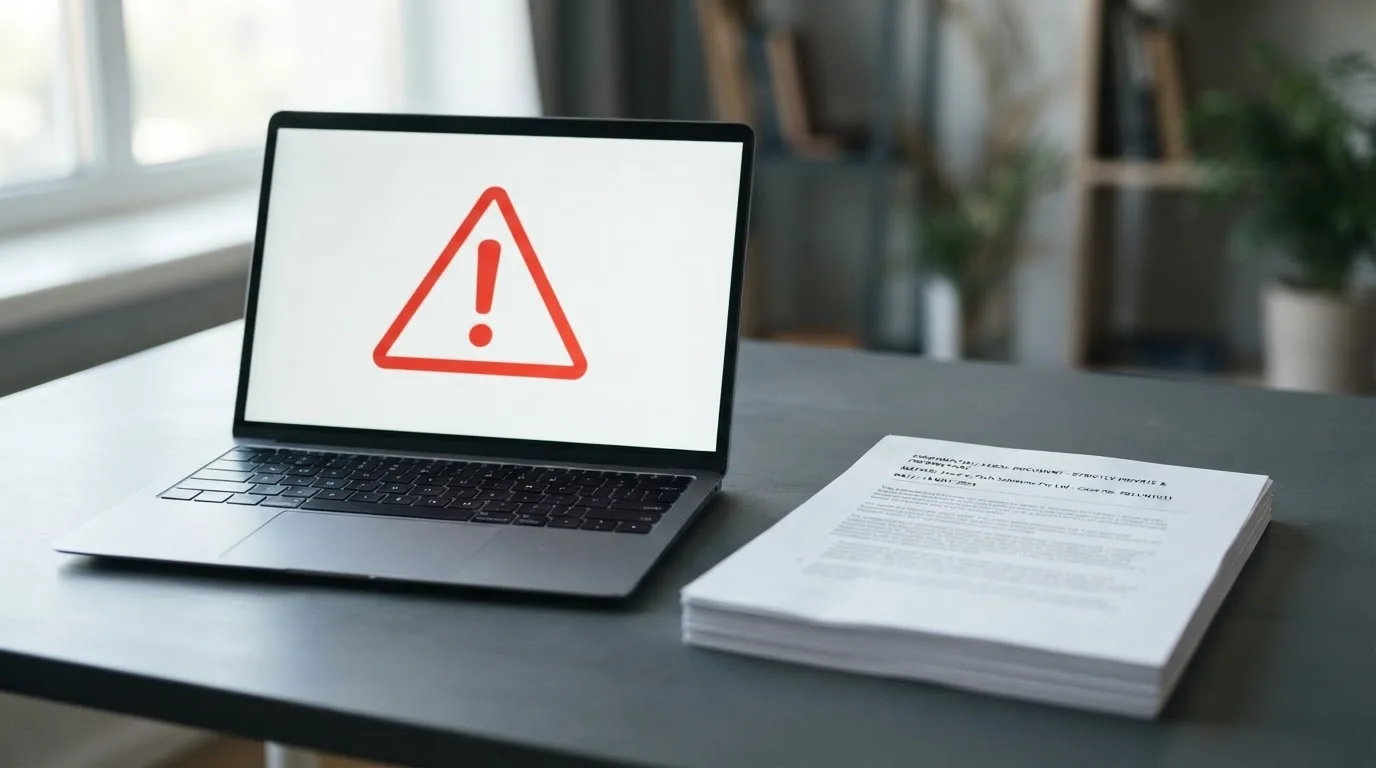 A red triangular warning sign icon on a laptop screen next to a stack of legal papers, symbolising an official caution rather than any specific website.
