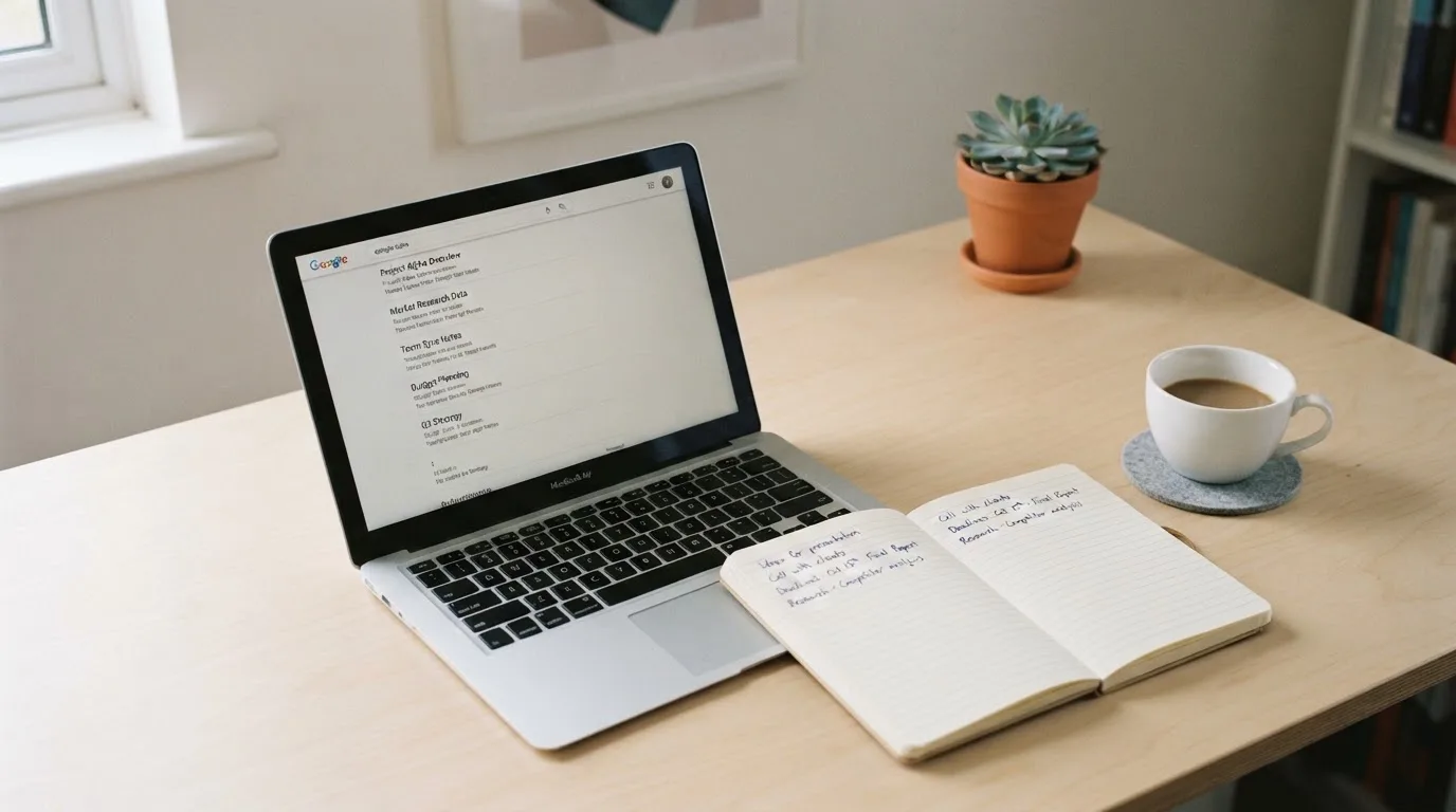 A tidy desk with a laptop open on a plain search-results page, a notebook and a coffee cup beside it, no screens showing any casino branding.