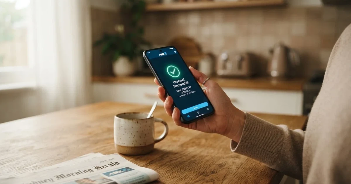 A smartphone screen showing a generic bank-transfer confirmation tick, held over a kitchen table.