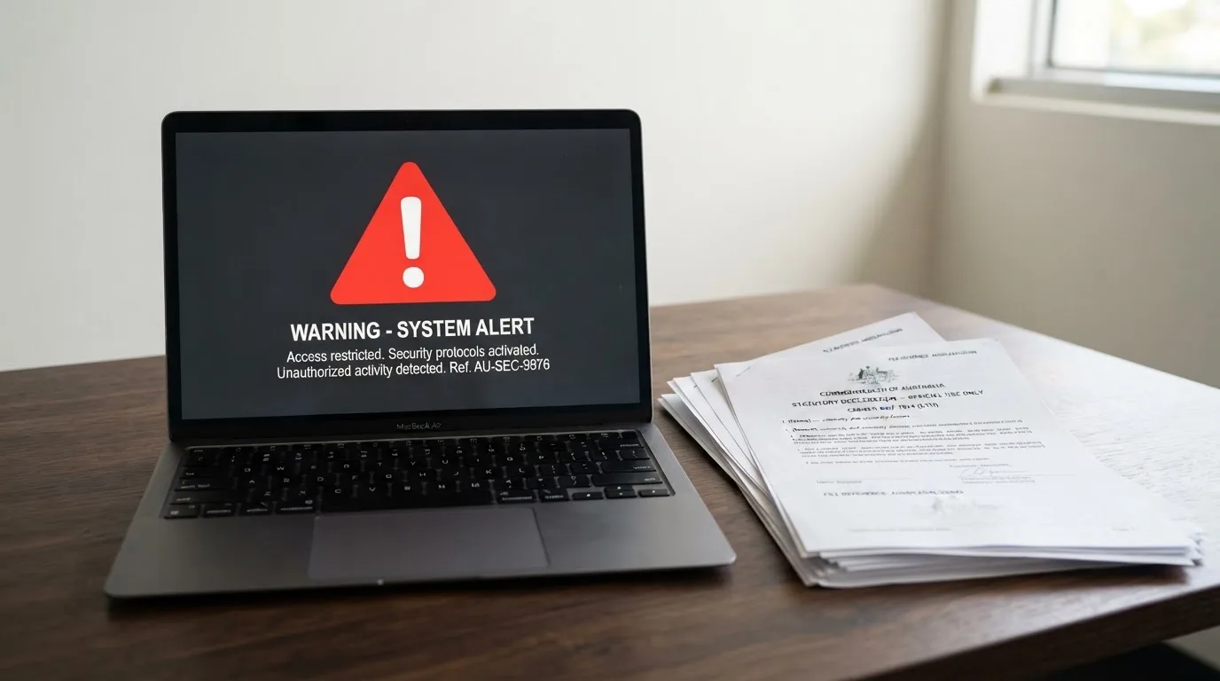 A red triangular warning sign icon on a laptop screen next to a stack of legal papers, symbolising an official caution rather than any specific website.