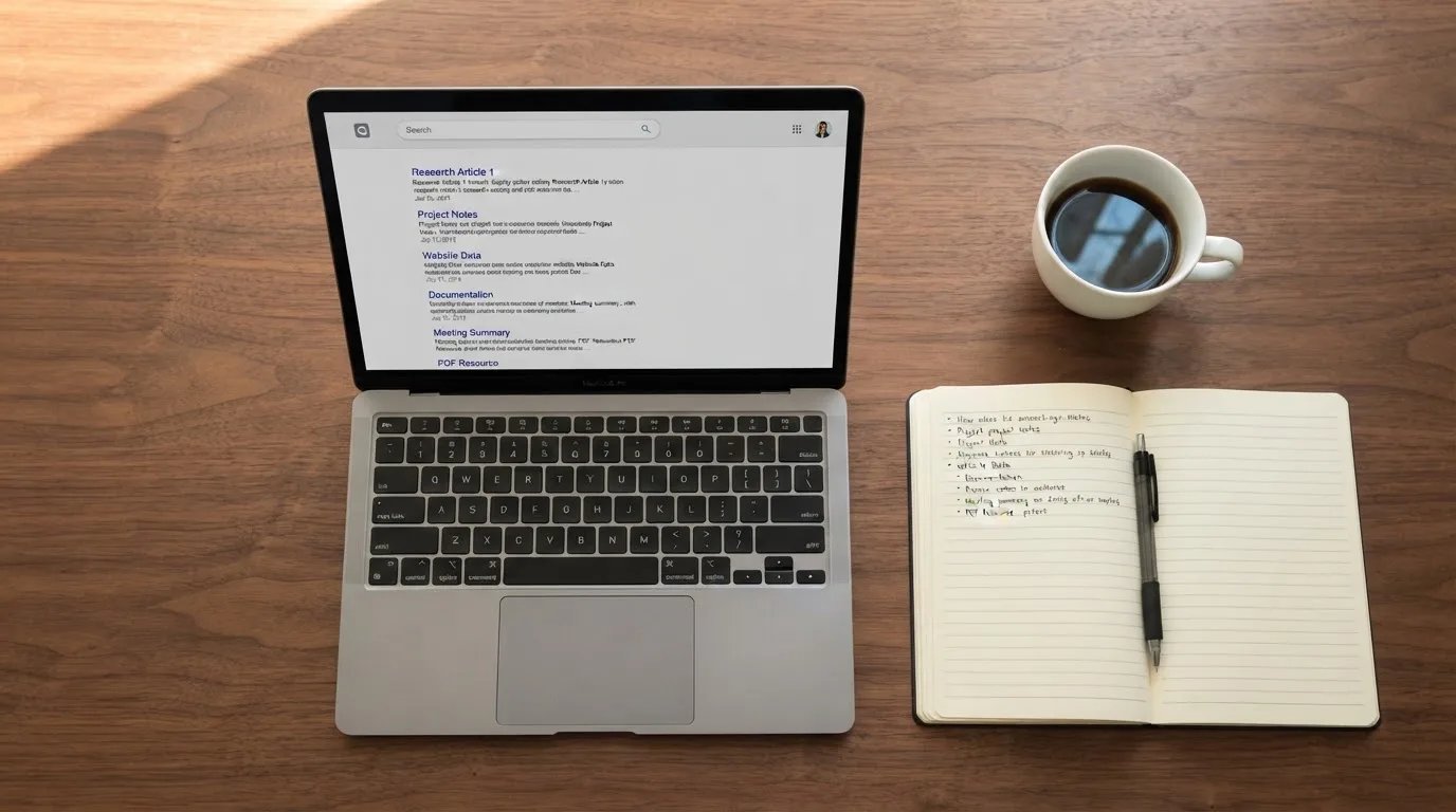 A tidy desk with a laptop open on a plain search-results page, a notebook and a coffee cup beside it, no screens showing any casino branding.