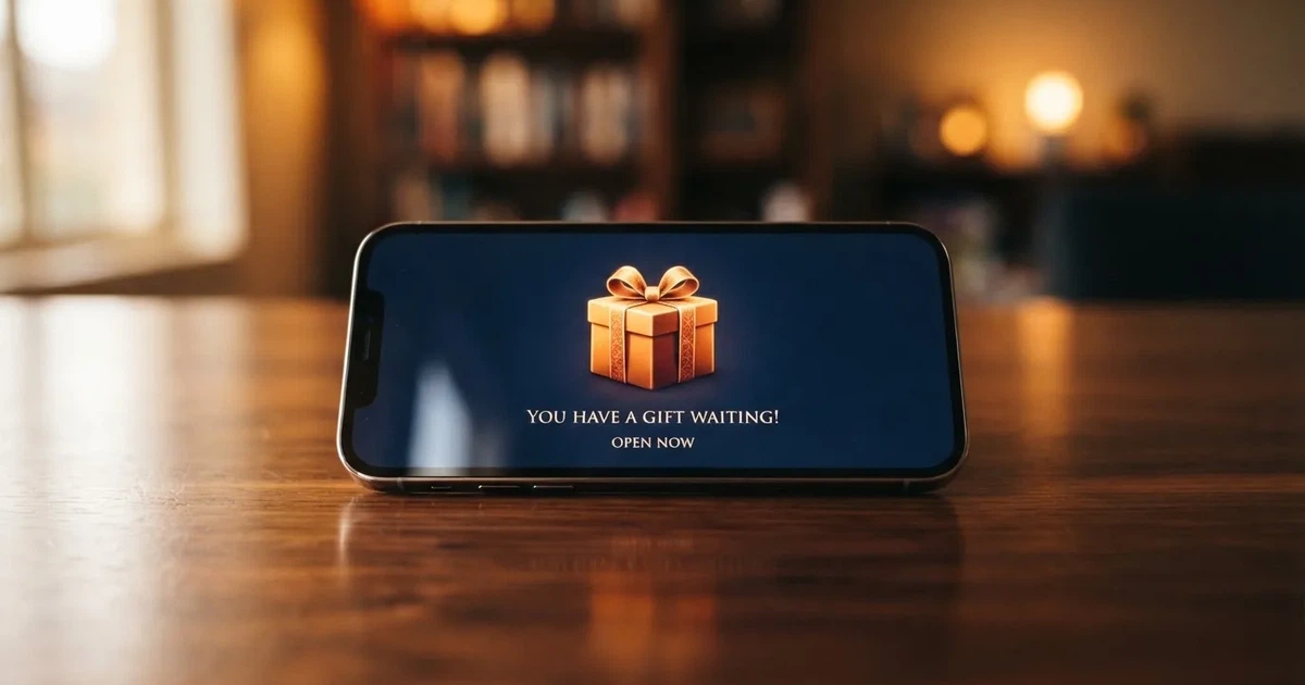 A gift box icon glowing on a phone screen, held at arm's length, suggesting an unopened offer rather than an active game.