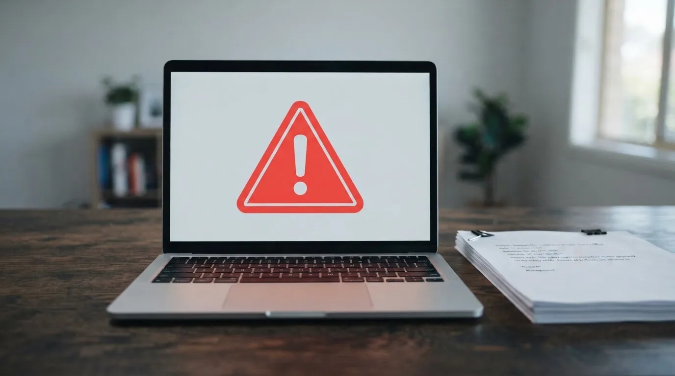 A red triangular warning sign icon on a laptop screen next to a stack of legal papers, symbolising an official caution rather than any specific website.