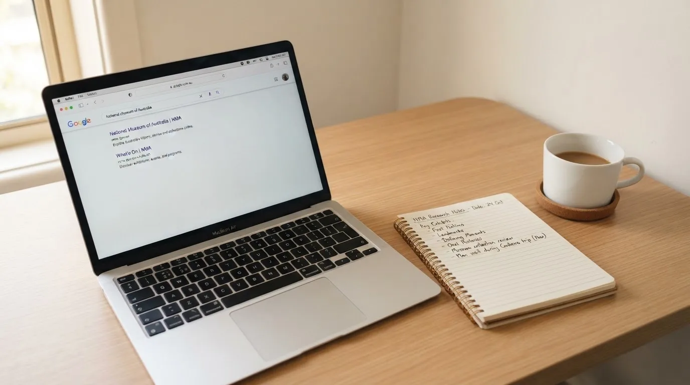 A tidy desk with a laptop open on a plain search-results page, a notebook and a coffee cup beside it, no screens showing any casino branding.