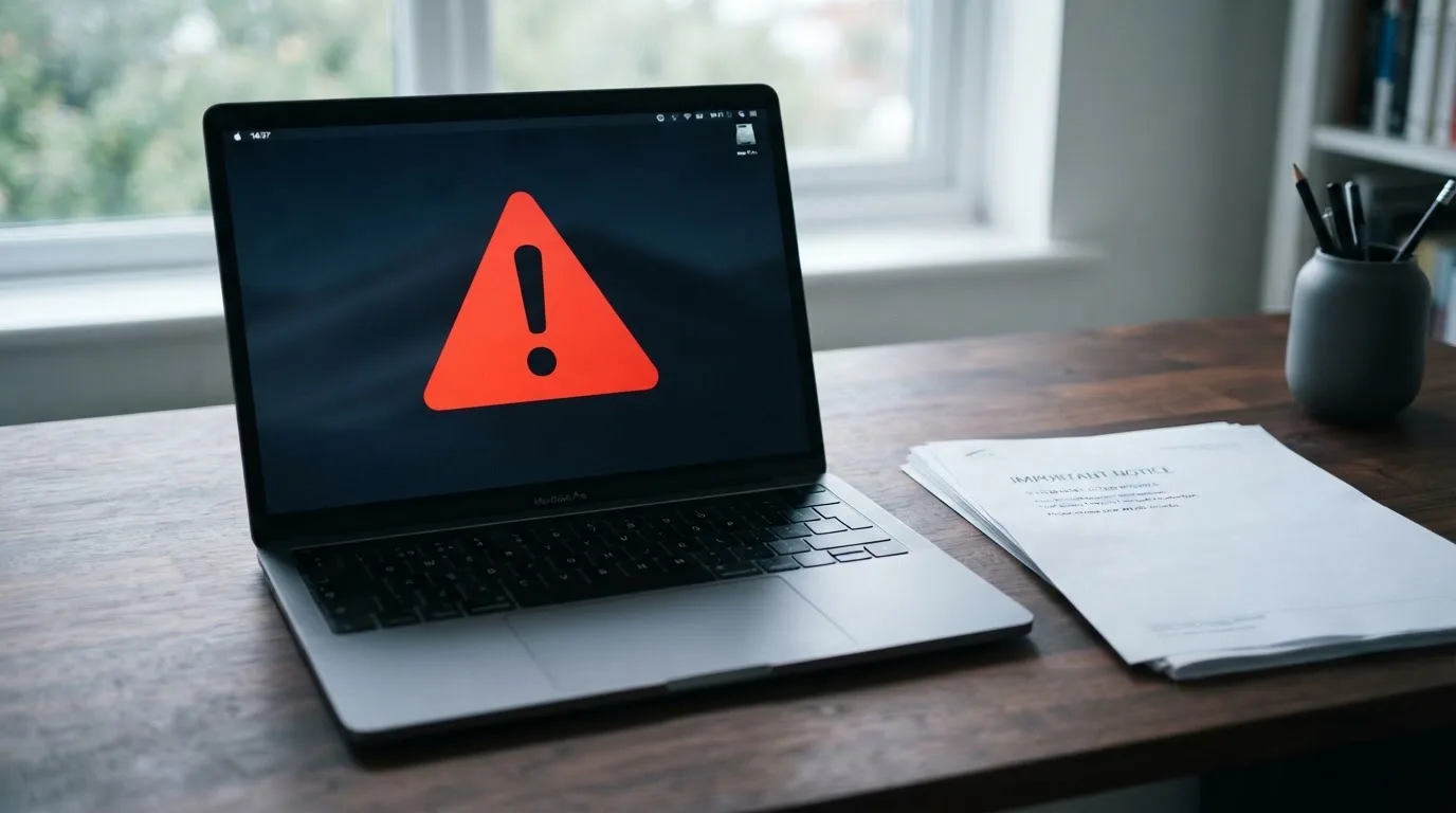 A red triangular warning sign icon on a laptop screen next to a stack of legal papers, symbolising an official caution rather than any specific website.