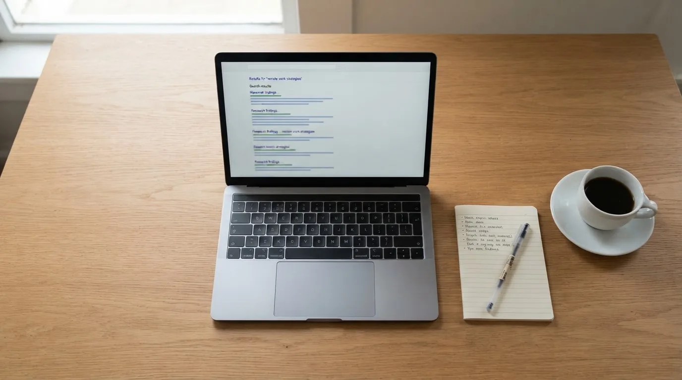 A tidy desk with a laptop open on a plain search-results page, a notebook and a coffee cup beside it, no screens showing any casino branding.