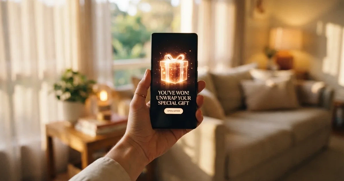 A gift box icon glowing on a phone screen, held at arm's length, suggesting an unopened offer rather than an active game.