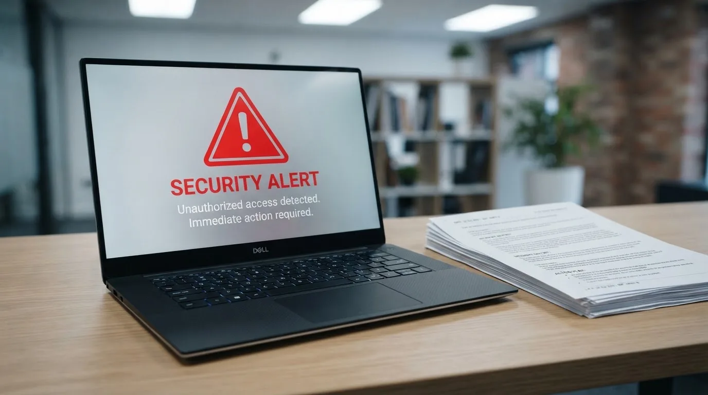 A red triangular warning sign icon on a laptop screen next to a stack of legal papers, symbolising an official caution rather than any specific website.