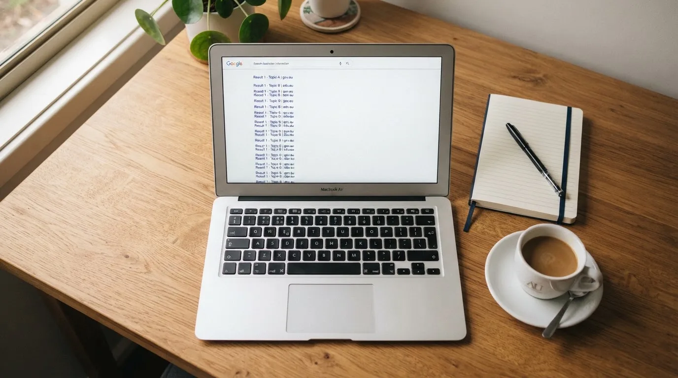 A tidy desk with a laptop open on a plain search-results page, a notebook and a coffee cup beside it, no screens showing any casino branding.