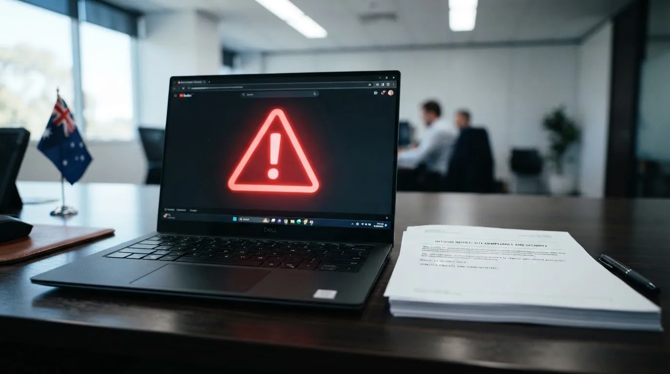 A red triangular warning sign icon on a laptop screen next to a stack of legal papers, symbolising an official caution rather than any specific website.