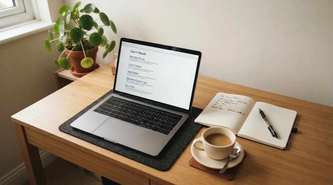 A tidy desk with a laptop open on a plain search-results page, a notebook and a coffee cup beside it, no screens showing any casino branding.