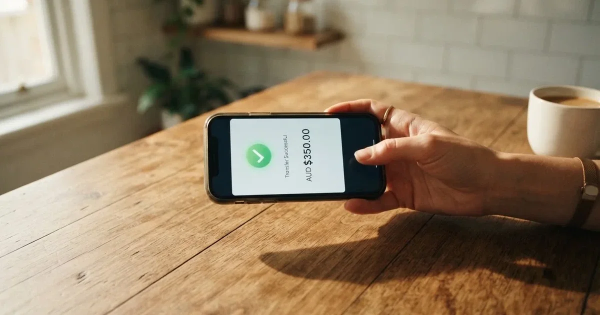 A smartphone screen showing a generic bank-transfer confirmation tick, held over a kitchen table.