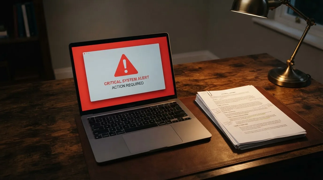A red triangular warning sign icon on a laptop screen next to a stack of legal papers, symbolising an official caution rather than any specific website.