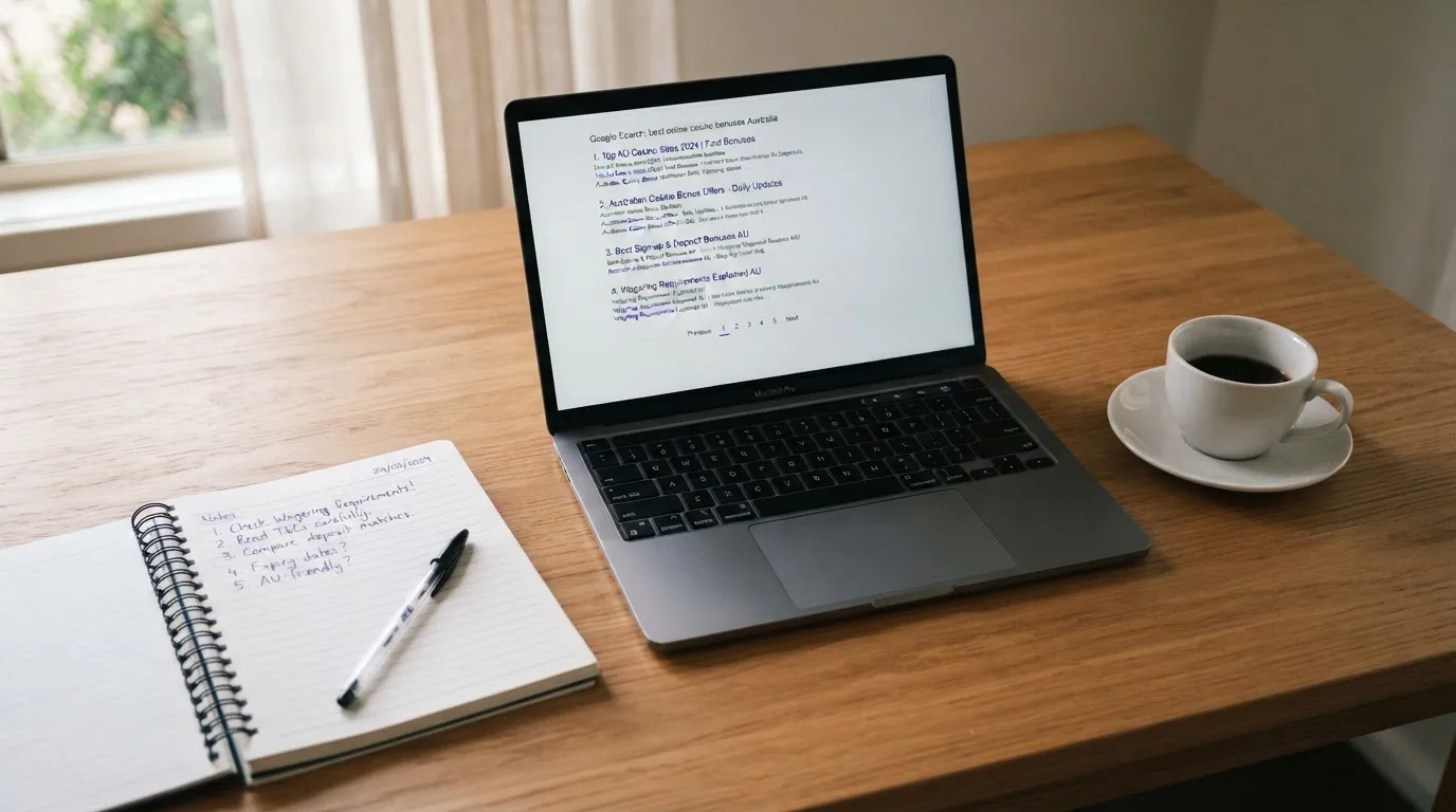 A tidy desk with a laptop open on a plain search-results page, a notebook and a coffee cup beside it, no screens showing any casino branding.