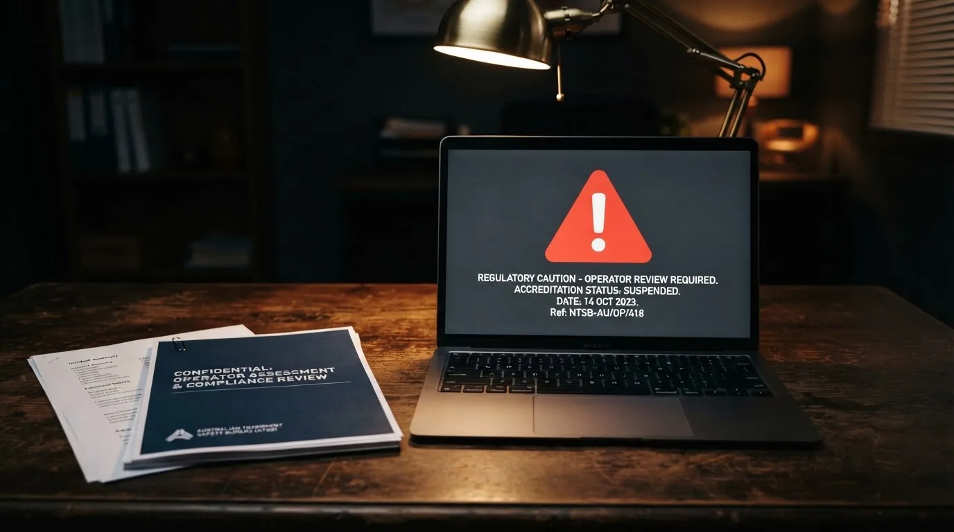 A red triangular warning sign icon on a laptop screen next to a stack of legal papers, symbolising an official caution rather than any specific website.