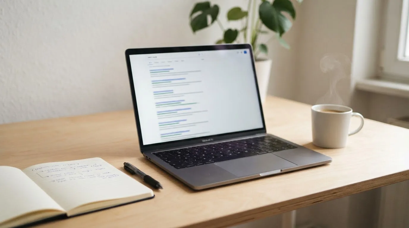A tidy desk with a laptop open on a plain search-results page, a notebook and a coffee cup beside it, no screens showing any casino branding.