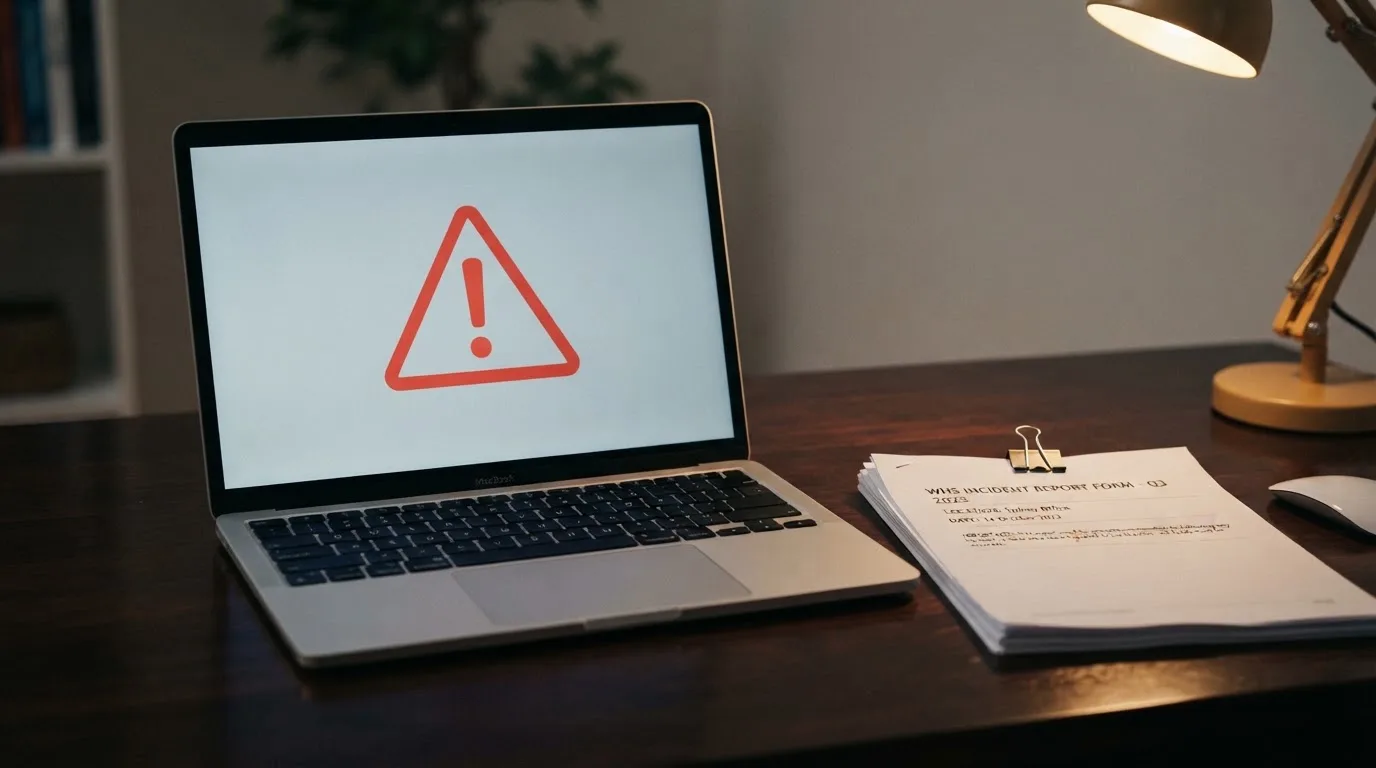 A red triangular warning sign icon on a laptop screen next to a stack of legal papers, symbolising an official caution rather than any specific website.