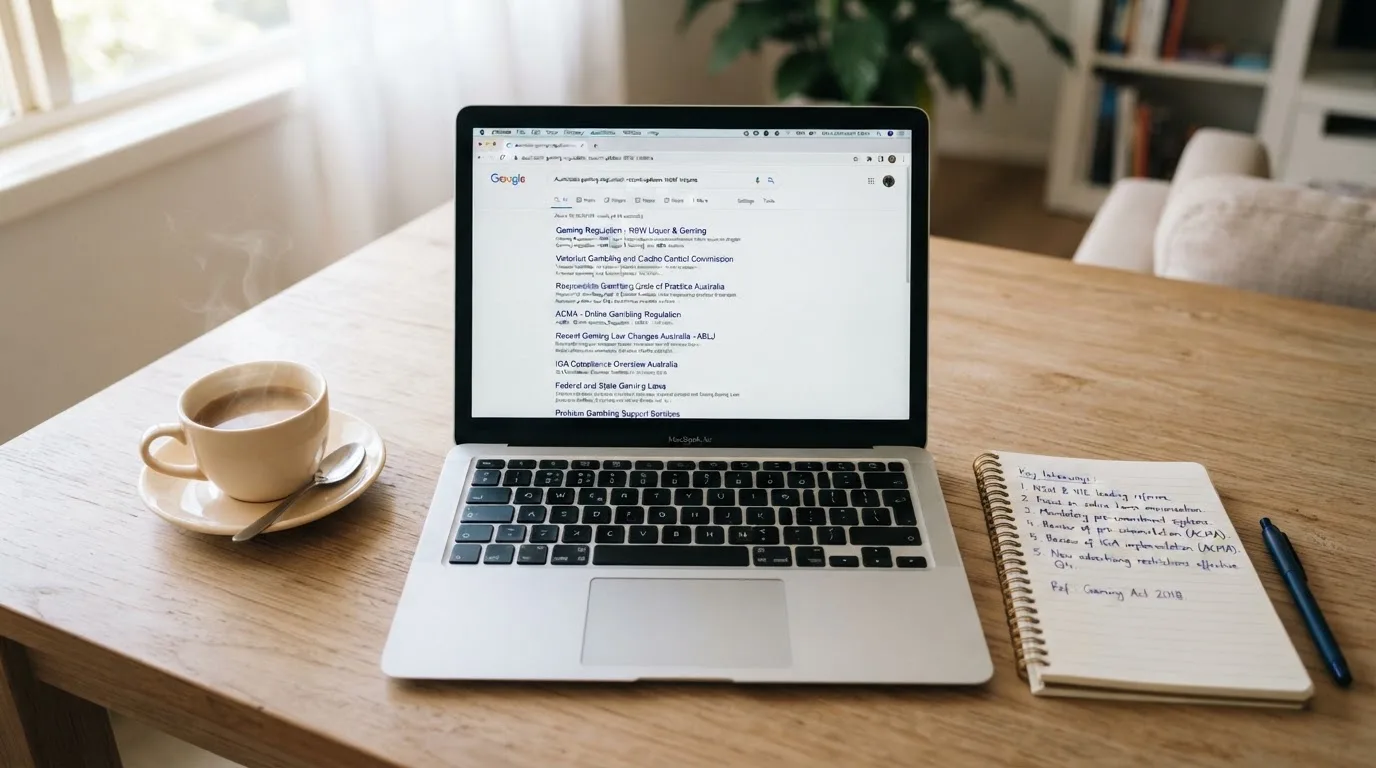 A tidy desk with a laptop open on a plain search-results page, a notebook and a coffee cup beside it, no screens showing any casino branding.