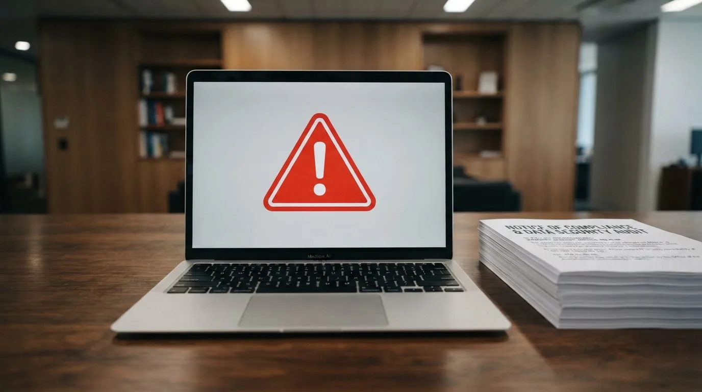 A red triangular warning sign icon on a laptop screen next to a stack of legal papers, symbolising an official caution rather than any specific website.