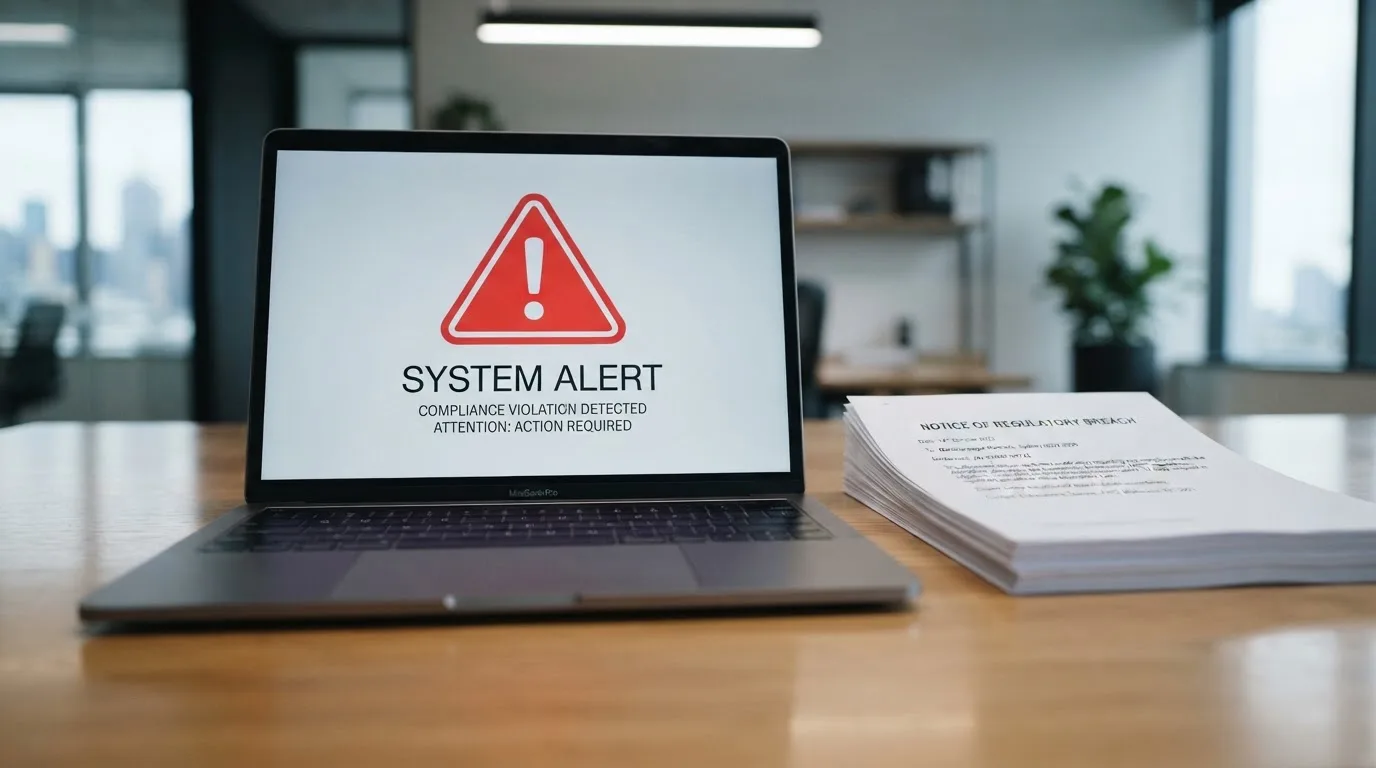 A red triangular warning sign icon on a laptop screen next to a stack of legal papers, symbolising an official caution rather than any specific website.