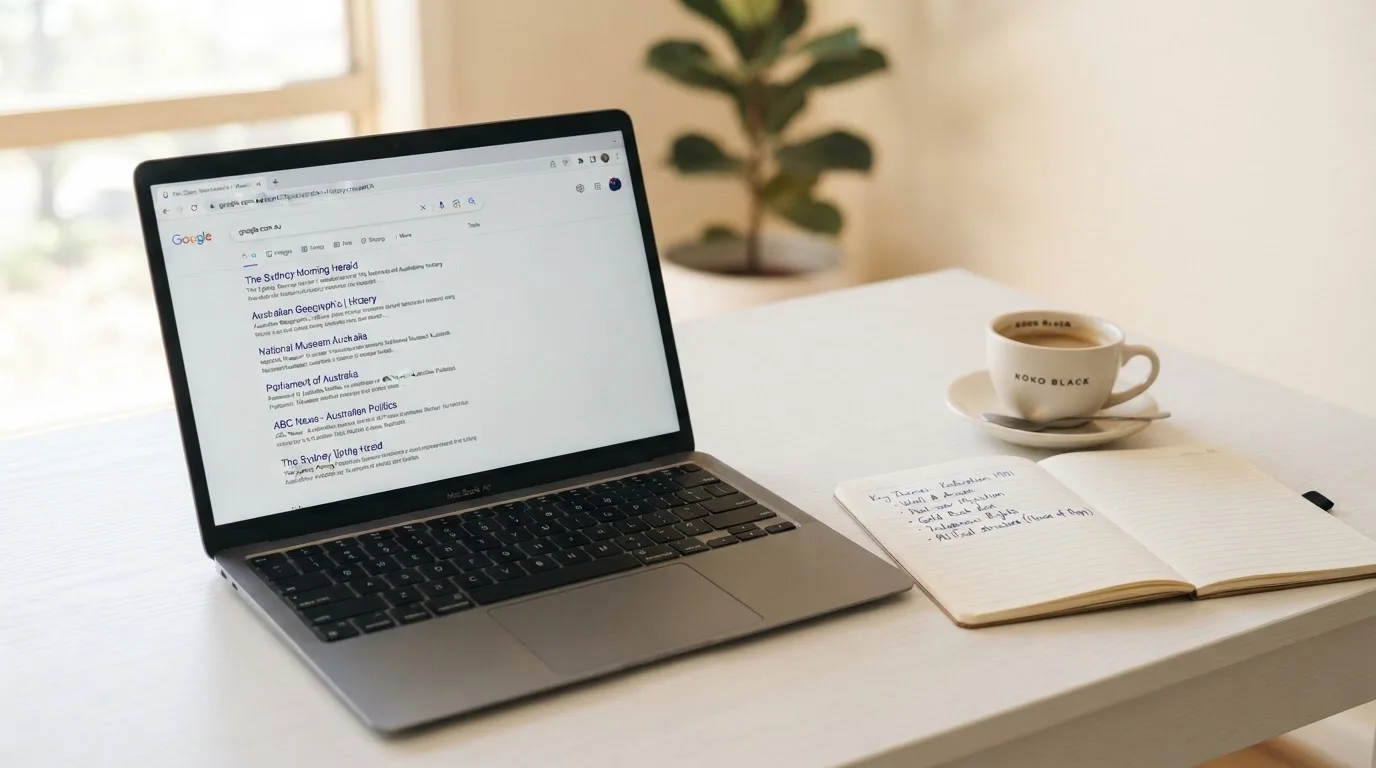 A tidy desk with a laptop open on a plain search-results page, a notebook and a coffee cup beside it, no screens showing any casino branding.