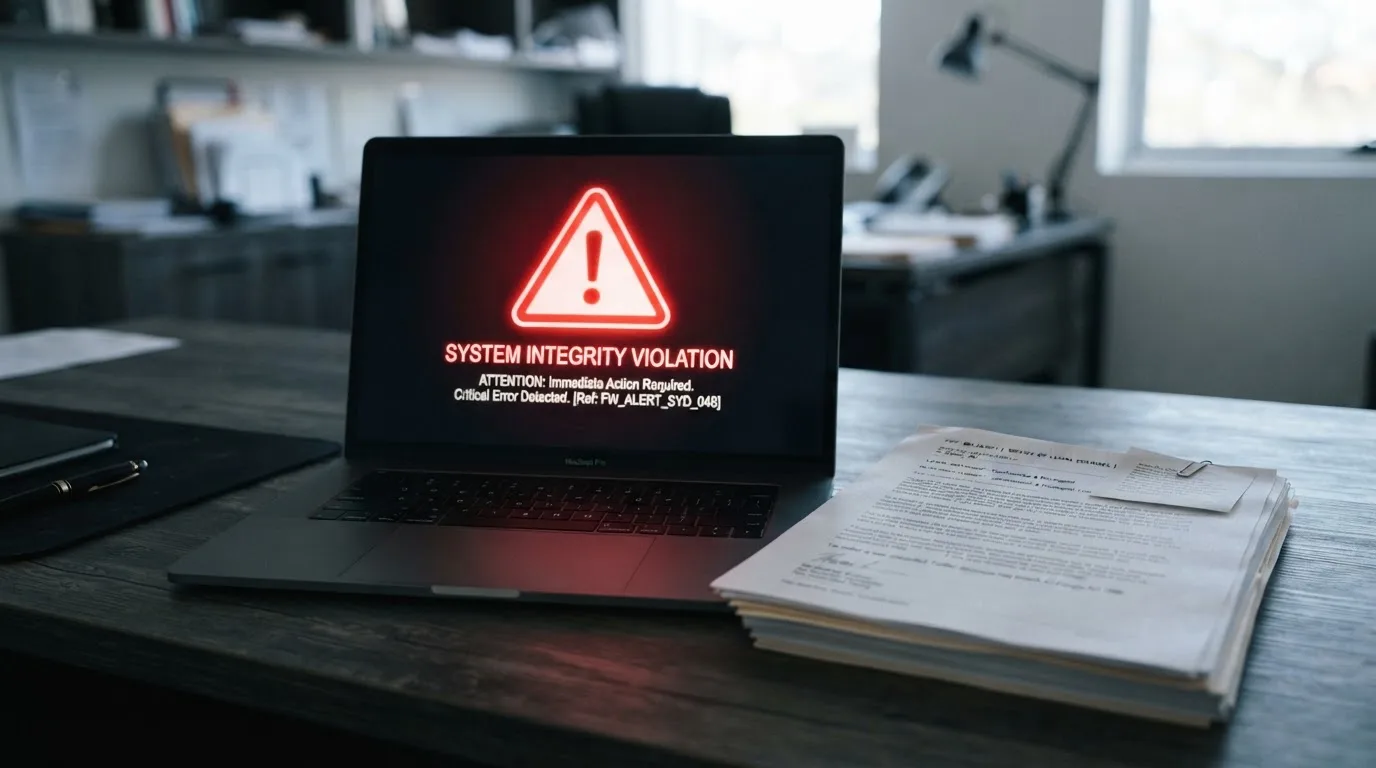 A red triangular warning sign icon on a laptop screen next to a stack of legal papers, symbolising an official caution rather than any specific website.