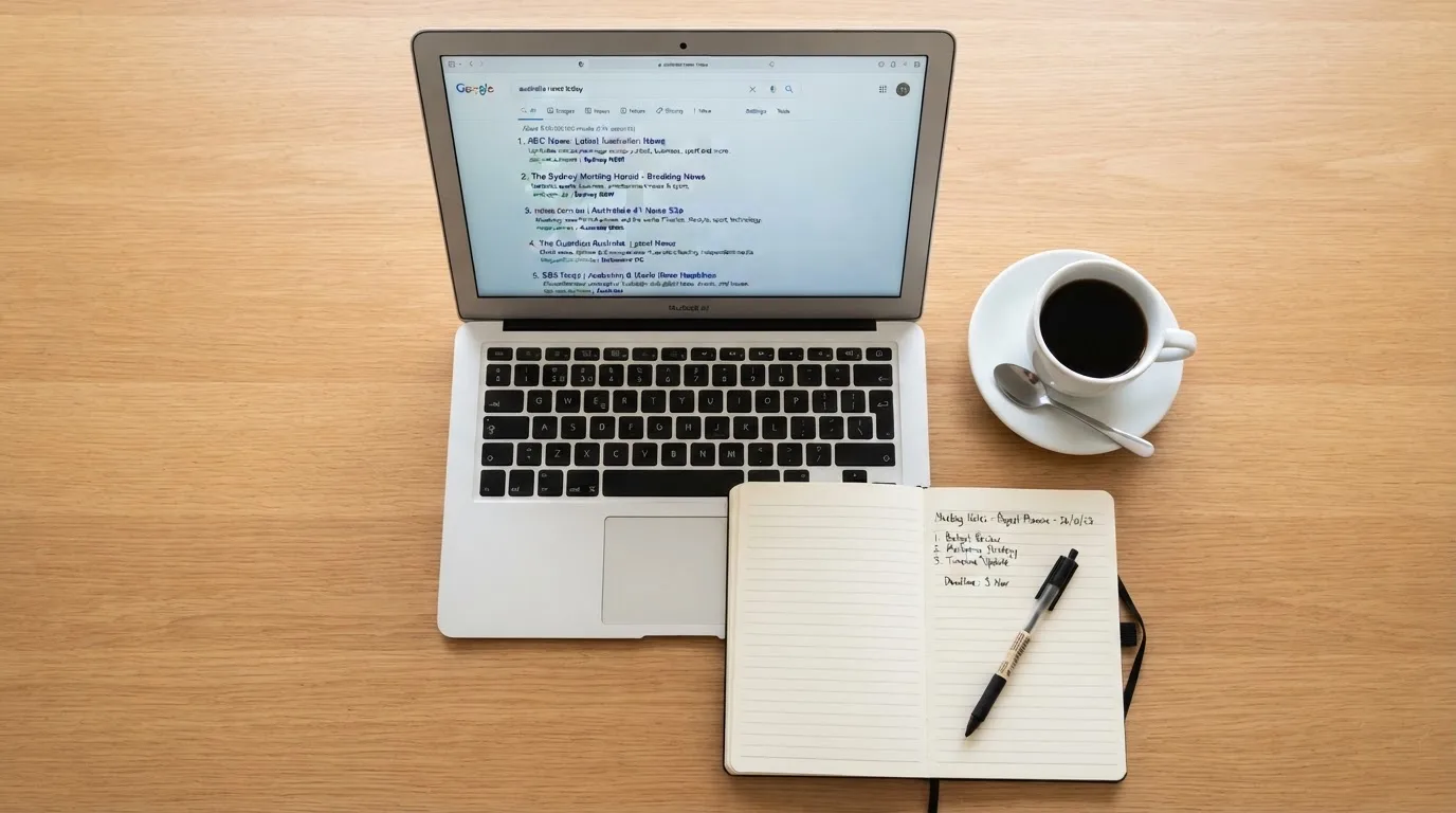 A tidy desk with a laptop open on a plain search-results page, a notebook and a coffee cup beside it, no screens showing any casino branding.