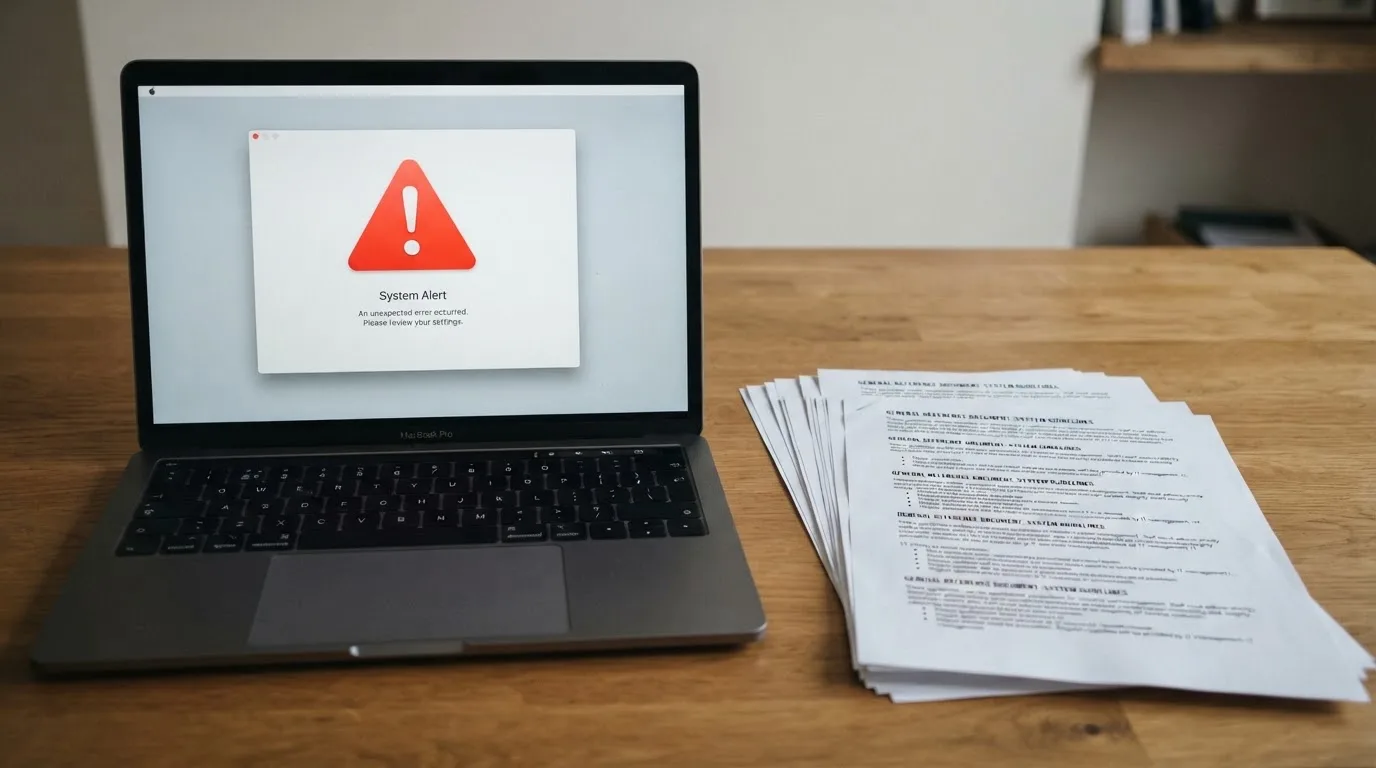 A red triangular warning sign icon on a laptop screen next to a stack of legal papers, symbolising an official caution rather than any specific website.