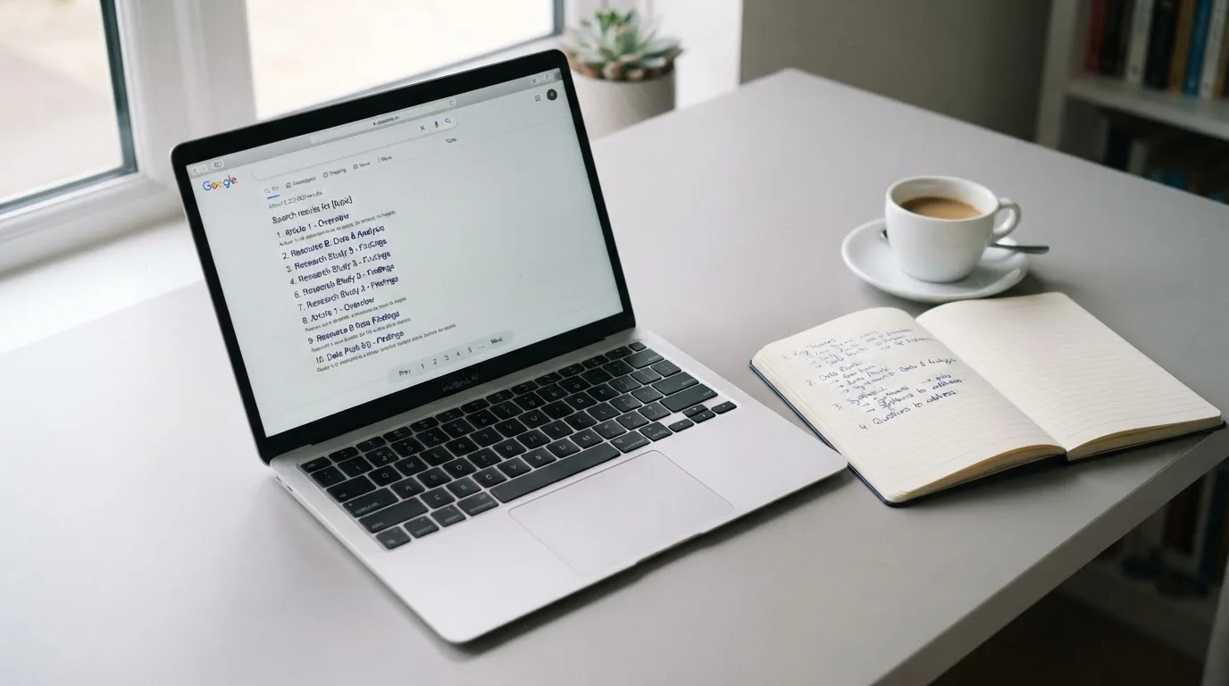 A tidy desk with a laptop open on a plain search-results page, a notebook and a coffee cup beside it, no screens showing any casino branding.