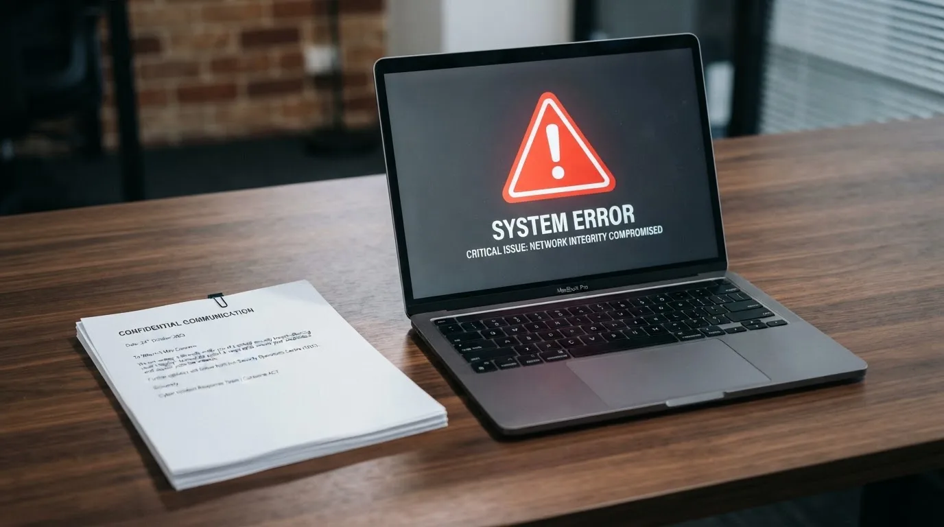 A red triangular warning sign icon on a laptop screen next to a stack of legal papers, symbolising an official caution rather than any specific website.
