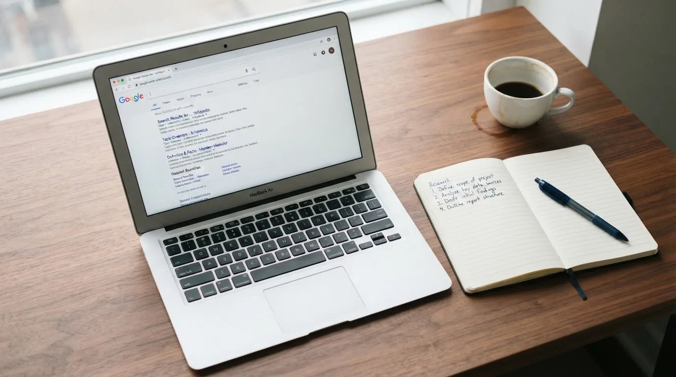 A tidy desk with a laptop open on a plain search-results page, a notebook and a coffee cup beside it, no screens showing any casino branding.
