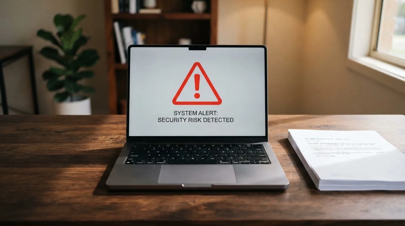 A red triangular warning sign icon on a laptop screen next to a stack of legal papers, symbolising an official caution rather than any specific website.