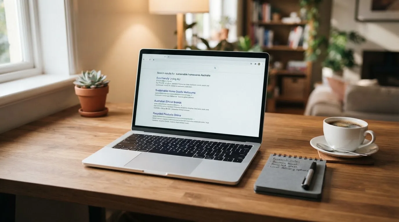 A tidy desk with a laptop open on a plain search-results page, a notebook and a coffee cup beside it, no screens showing any casino branding.