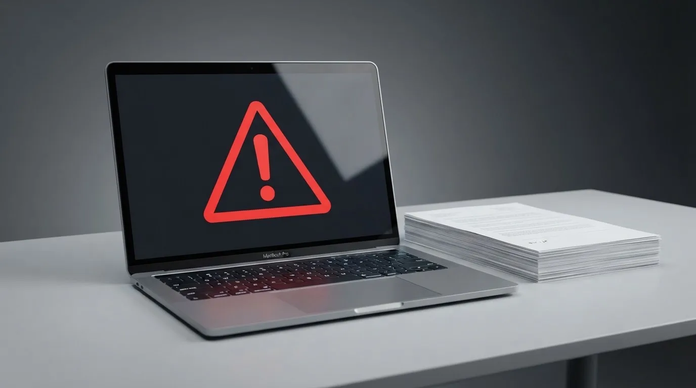 A red triangular warning sign icon on a laptop screen next to a stack of legal papers, symbolising an official caution rather than any specific website.