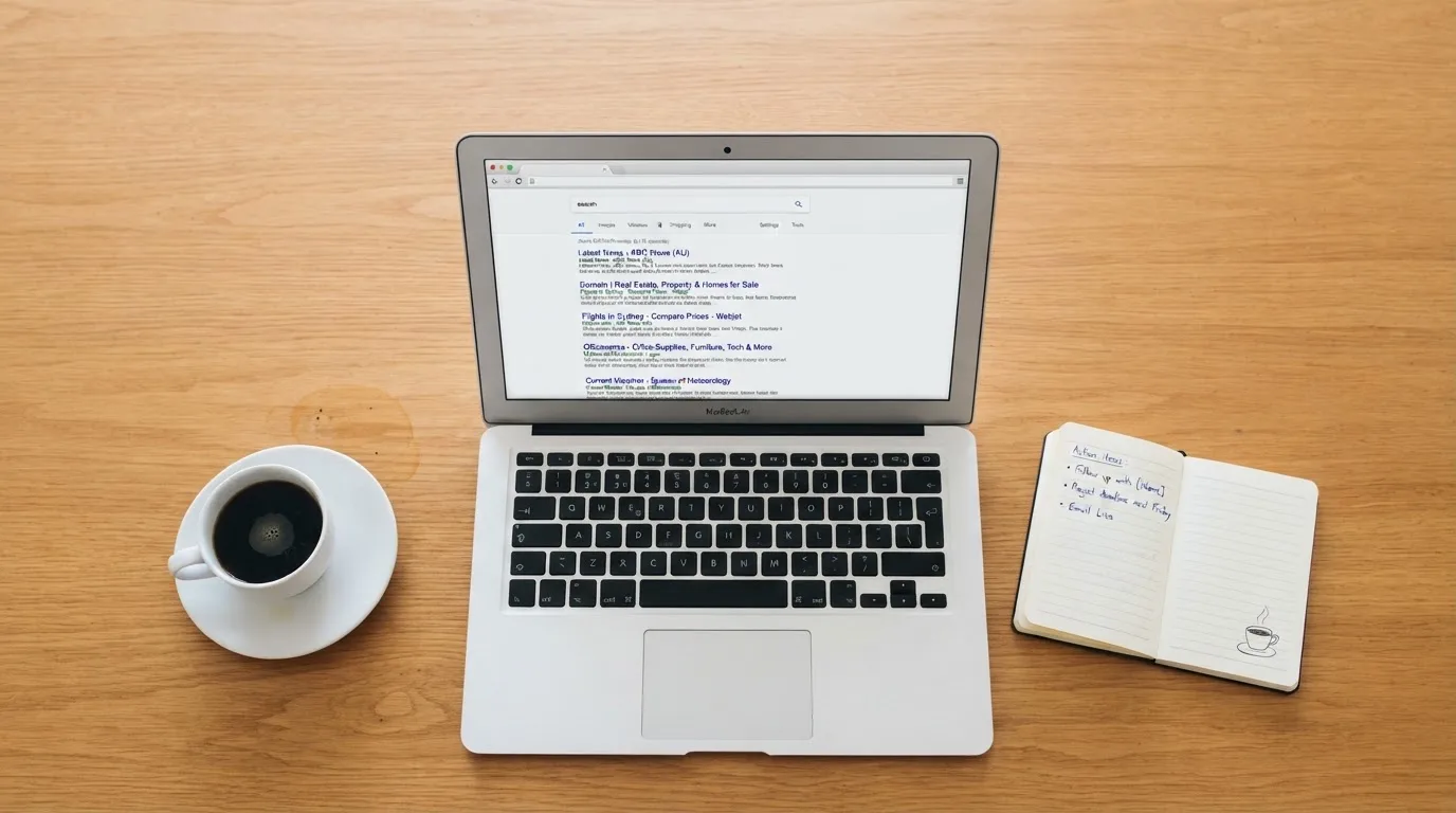 A tidy desk with a laptop open on a plain search-results page, a notebook and a coffee cup beside it, no screens showing any casino branding.