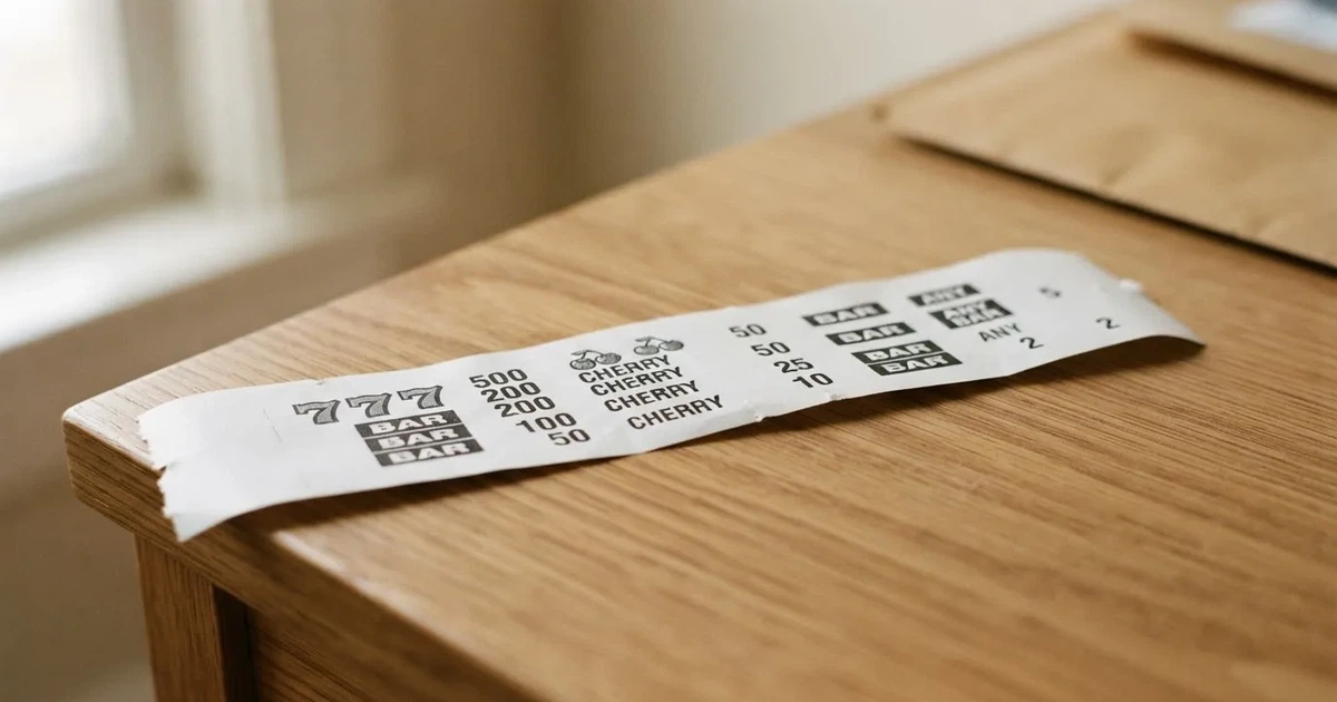 A printed strip of generic slot symbols and payout numbers laid on a desk, like a reference chart rather than a live game.
