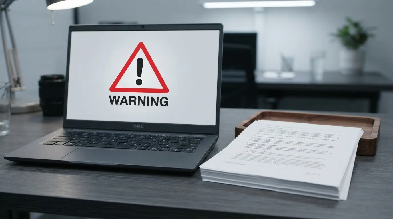 A red triangular warning sign icon on a laptop screen next to a stack of legal papers, symbolising an official caution rather than any specific website.