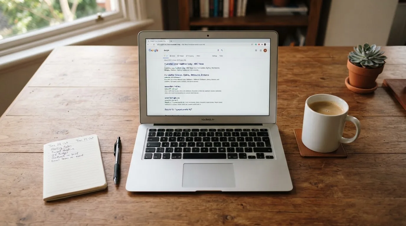 A tidy desk with a laptop open on a plain search-results page, a notebook and a coffee cup beside it, no screens showing any casino branding.
