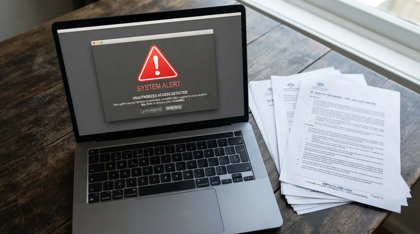 A red triangular warning sign icon on a laptop screen next to a stack of legal papers, symbolising an official caution rather than any specific website.